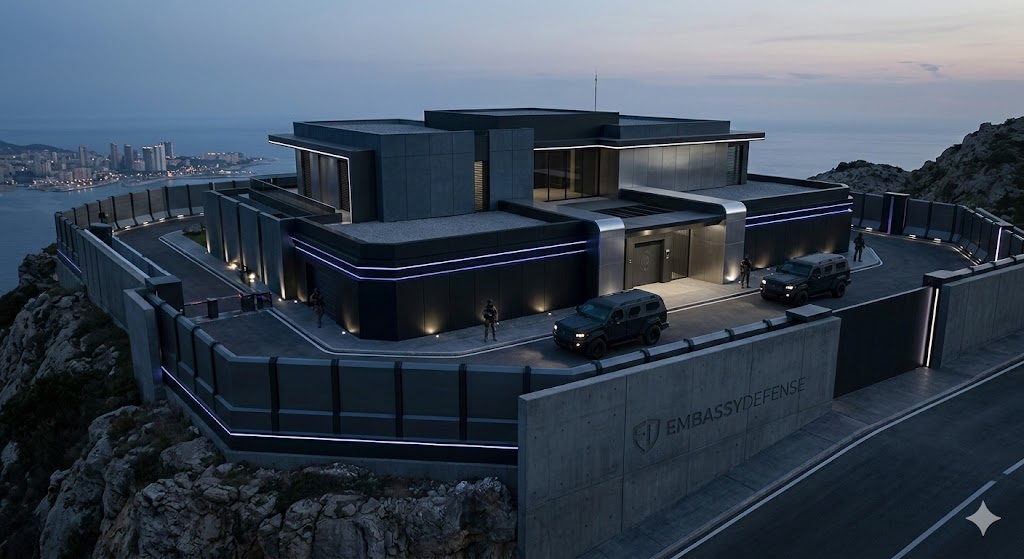 Heavily fortified modern embassy