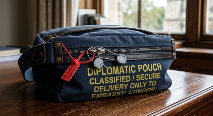A professional navy blue reinforced canvas diplomatic pouch with lead seals and a red security zip-tie.