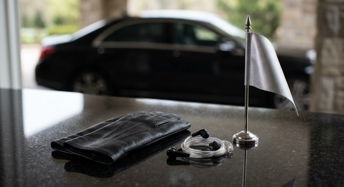 A close-up of diplomatic security gear including black leather gloves, a tactical earpiece, and a small satin flag on a silver stand.