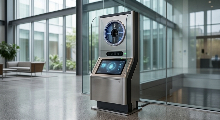 A high-tech biometric security kiosk with iris and facial scanners in an embassy entrance featuring steel and glass architecture.