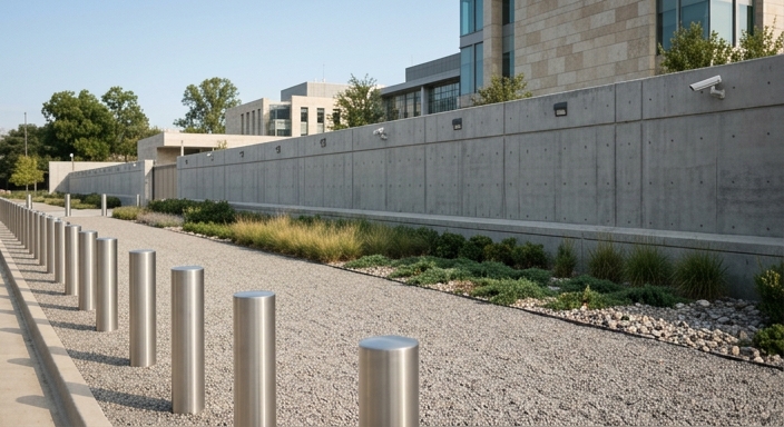 High-security embassy perimeter featuring K-rated bollards, reinforced concrete walls, and landscaping integrated into the blast mitigation zone.