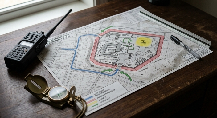 A tactical embassy evacuation map with color-coded routes and security equipment on a wooden desk.
