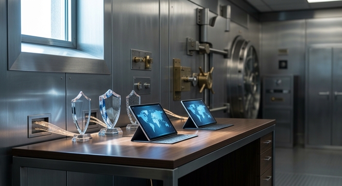 A high-tech vault interior featuring digital world maps on monitors and protective crystal shields under soft light.