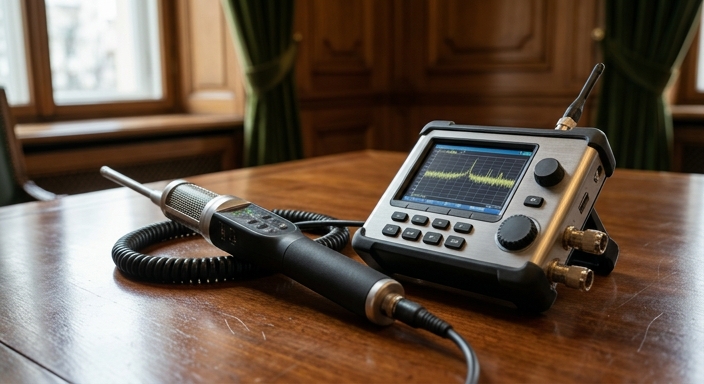 High-tech spectrum analyzer and non-linear junction detector resting on a formal mahogany conference table in an embassy briefing room.