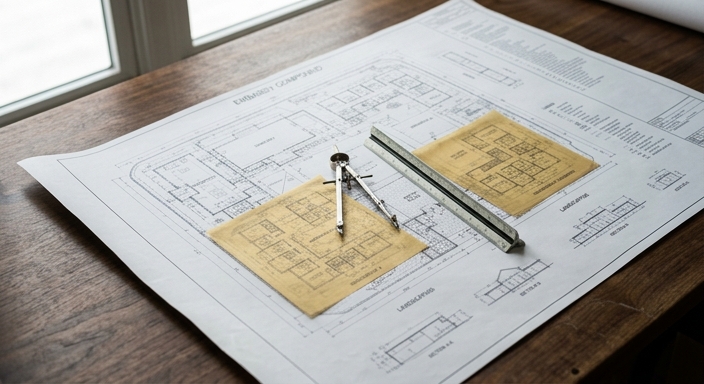 A detailed architectural blueprint of a secure embassy compound featuring technical floor plans and drafting tools under soft light.