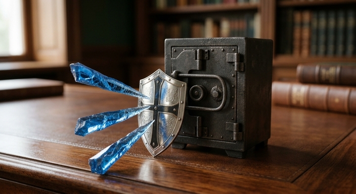 A miniature metal vault protected by a silver shield on a wooden desk, with jagged glass elements representing legal threats.